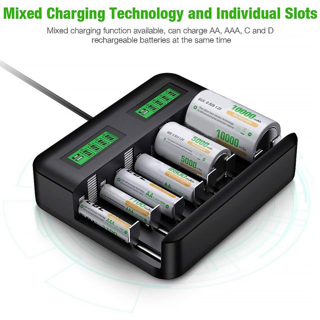 Cargador de batería de 8 ranuras Cargador de batería recargable AA/AAA/C/D alimentado por USB con pantalla LCD