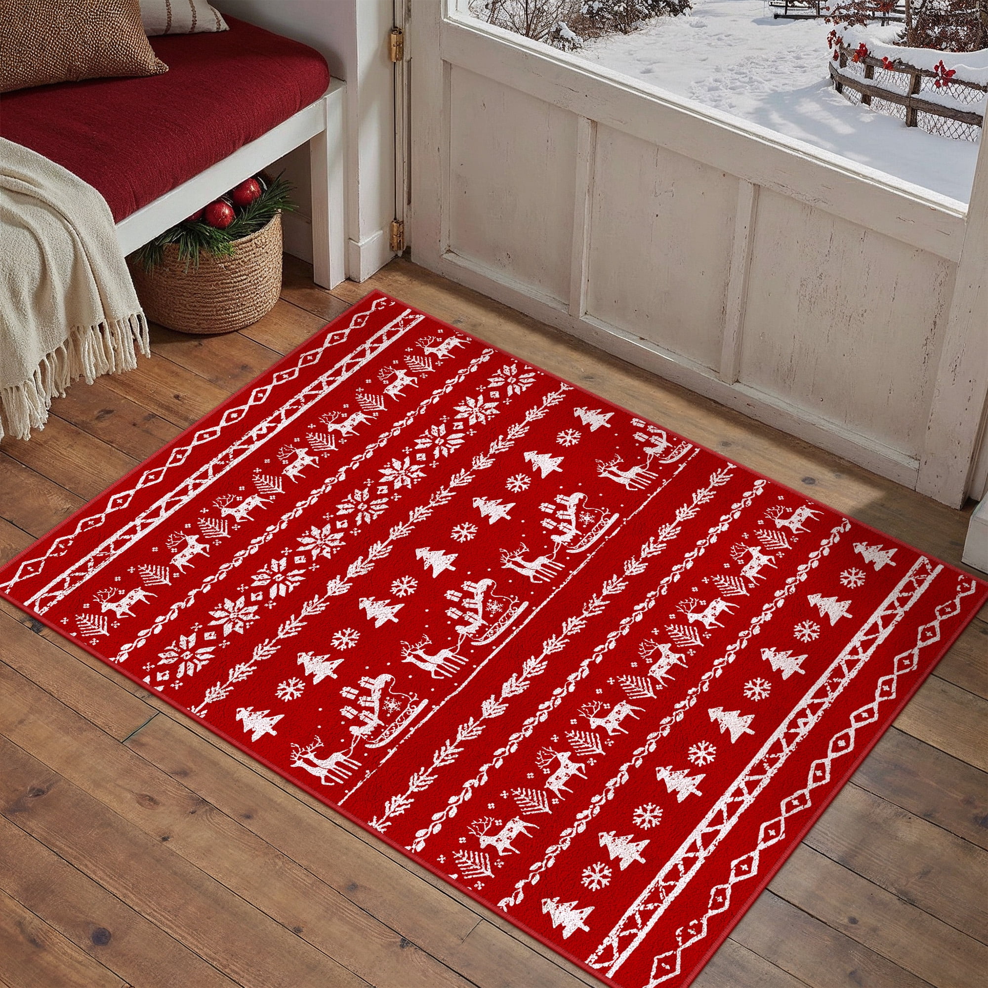 BERTHMEER 2'X3' Christmas Area Rug Christmas Rugs for Indoor Entryway Entrance Kitchen Soft Machine Washable Non-slip Rug,Red
