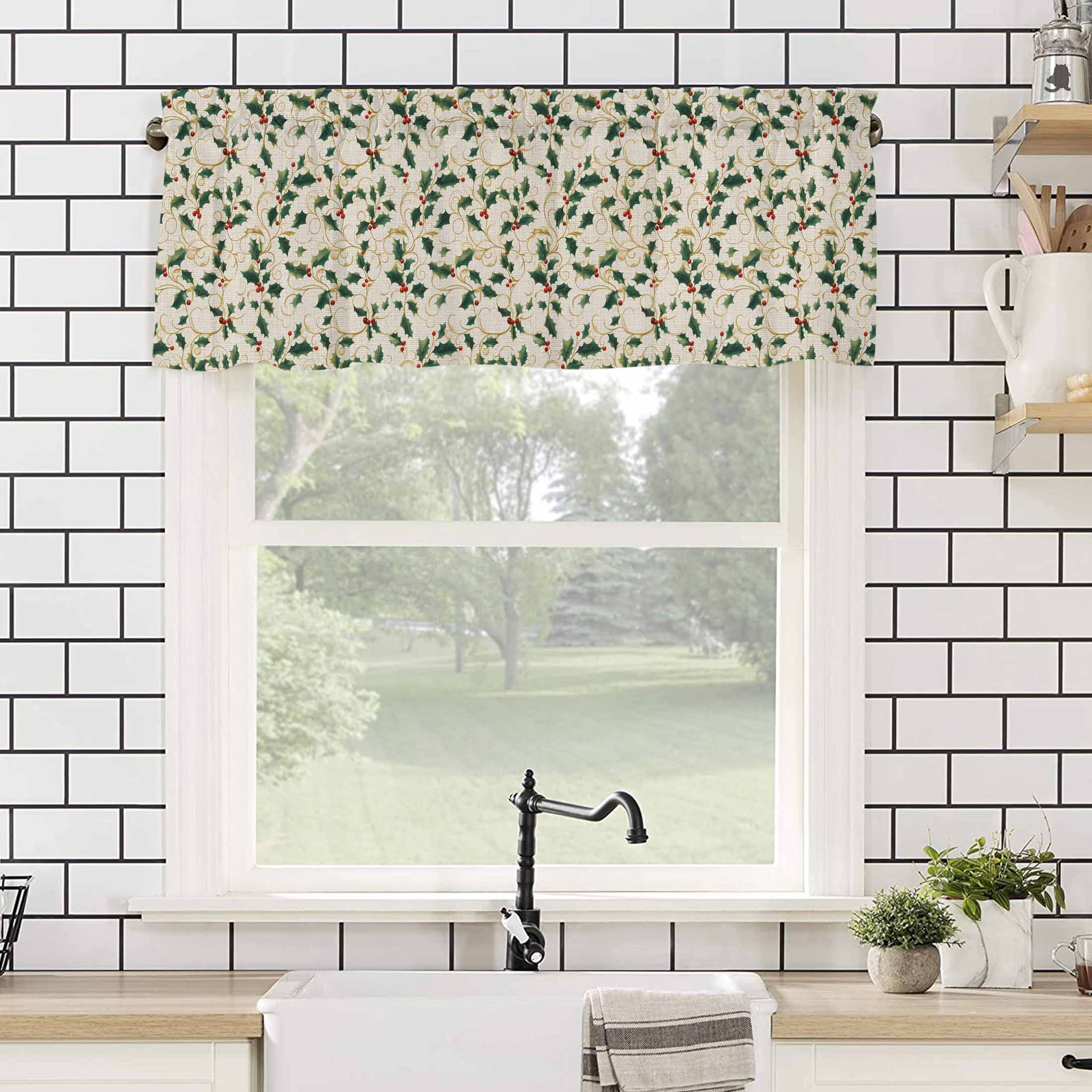 Winter Christmas Valances for Windows Holly Berry Plants Leaves Linen Grain Rod Pocket Curtain Valance Window Treatment Short Curtains for Kitchen Living Room, 60"x18"