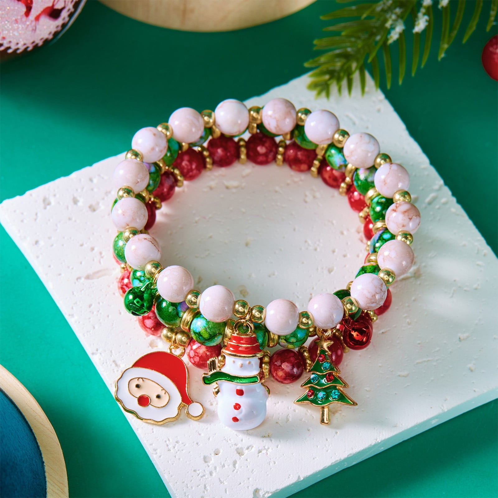 JilgTeok Christmas Bracelet Set Santa Claus Snowflake Christmas Tree Beaded Stretch Bracelet Multicolor Jingle Bell Reindeer Charm Bracelets for Women Girls Kids Xmas Holiday Costume Jewelry(3pcs)