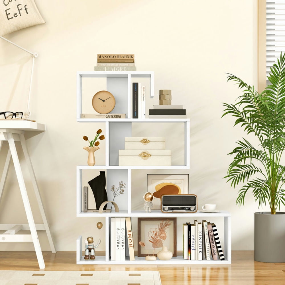 GVN Bookcases,5-Tier S-Shaped Bookshelf Geometric Z-Shelf Bookcase with Open Cubes-White