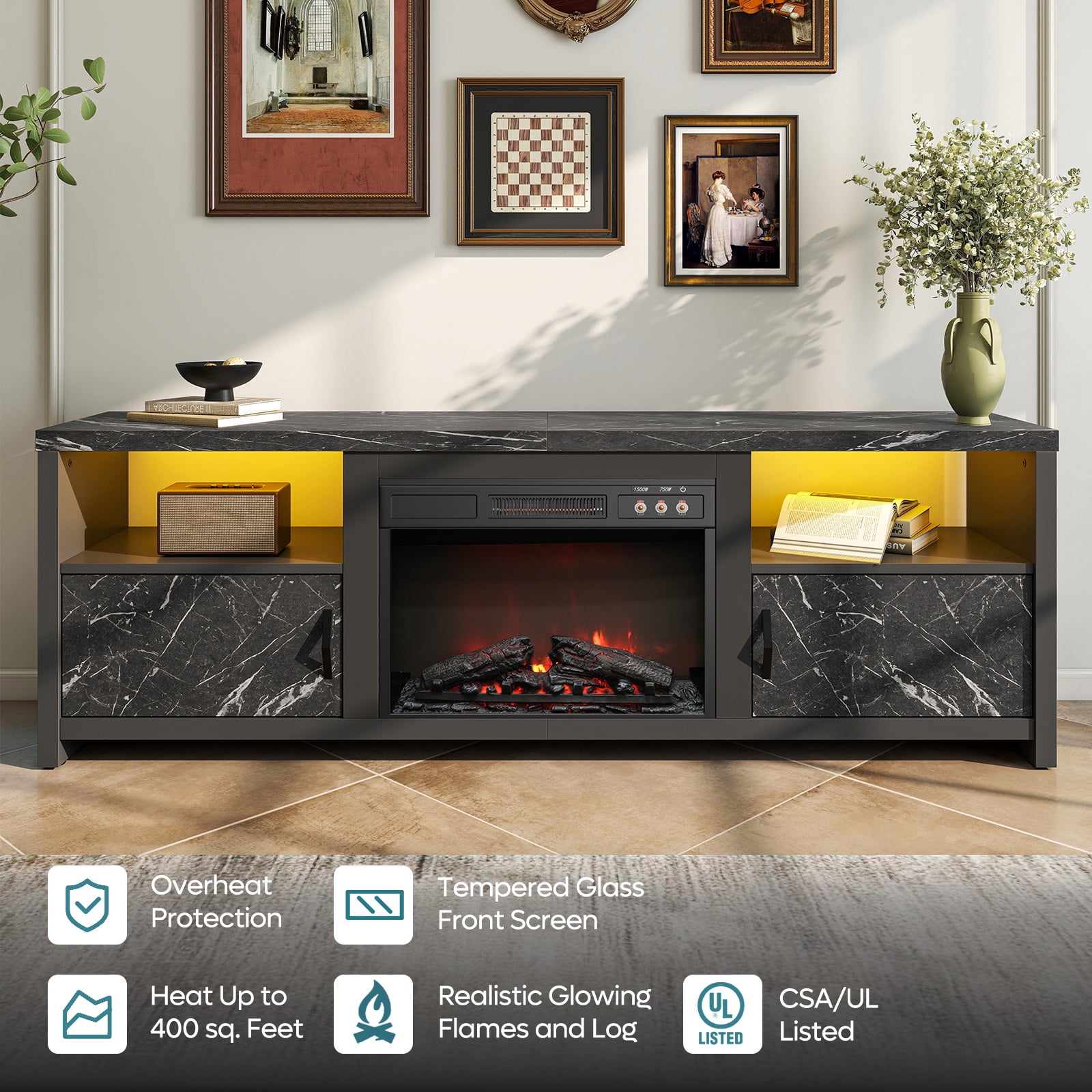 Bestier 71 inch Electric Fireplace TV Stand for TVs up to 75", Modern Entertainment Center with LED Lights, Black Marble