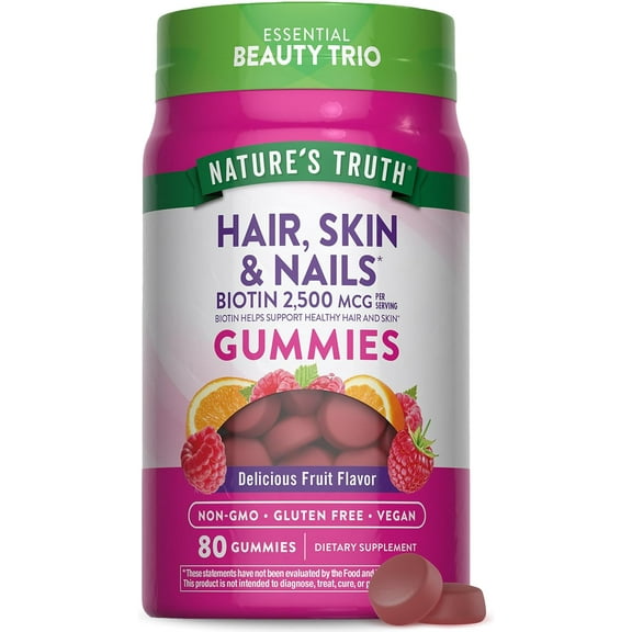 Hair Skin and Nails Gummies | 80 Count | 2500 mcg of Biotin | For Men and Women | by Nature's Truth