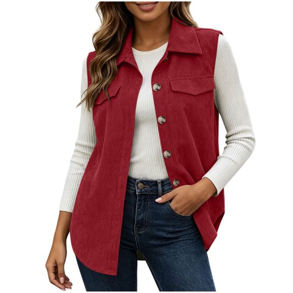 PRINxy Women's Point Collar Sleeveless Mid Length Casual Shirt Vest Jacket With Button Front Chest Pockets Outerwear For Brunch Date Red XL