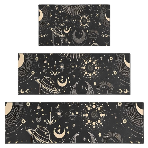 Black Gothic Sun Planet Pattern Kitchen Rugs Sets Of 3,Kitchen Runner Rugs Non Skid Washable,Decorative Kitchen Floor Mats for Kitchen,Sink,Laundry,17"x30" 17"x47" 17"x59"