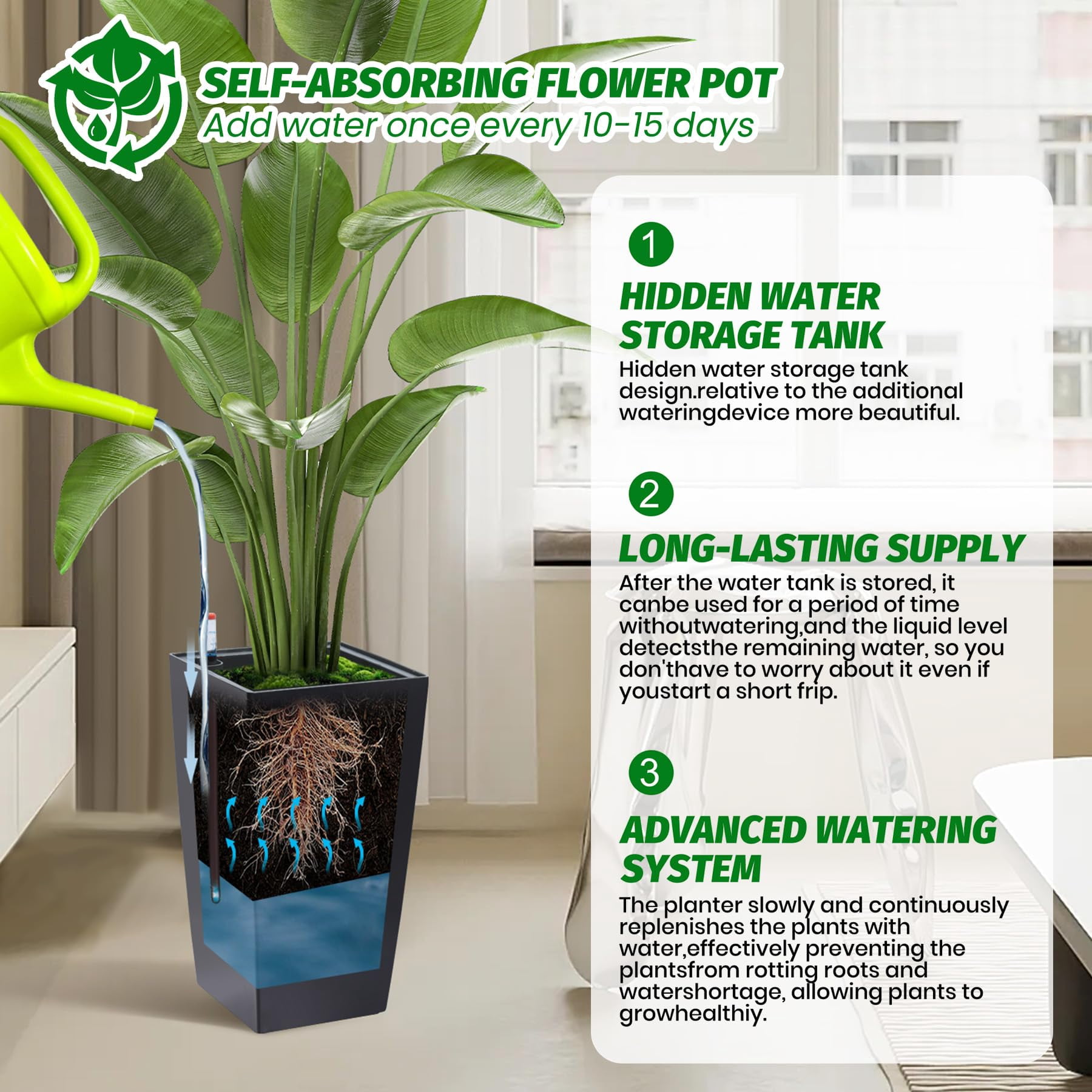 ChaoLink Merxent 22.5" Tall Planter Set of 2, Indoor/Outdoor Black Taper Flower Pots with Shelf Insert, Large Resin Planters