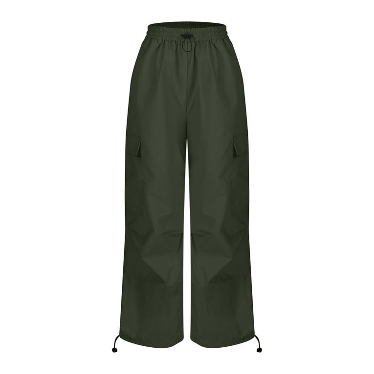 RYRJJ Parachute Pants for Women Baggy Cargo Pants Multi-Pocket Elastic Low  Rise Y2K Pants Teen Girls Wide Leg Jogger Trousers Streetwear Army Green