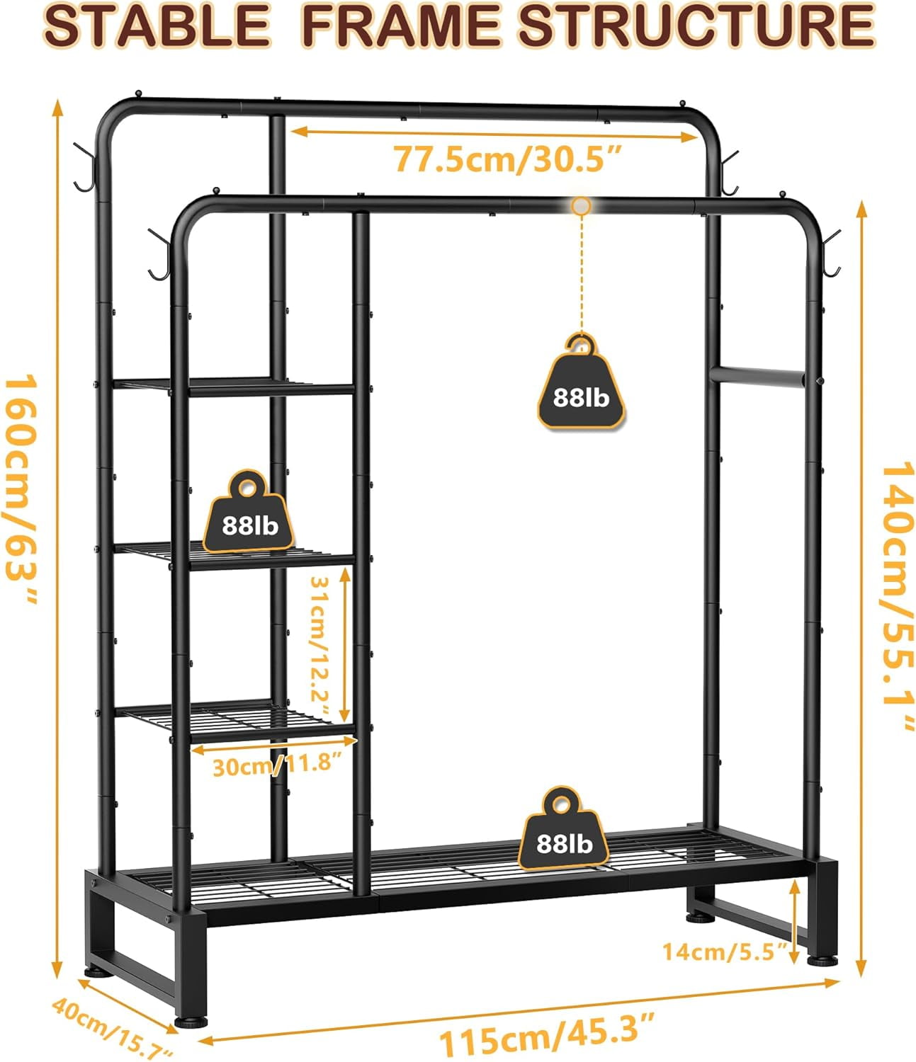Double Rods Clothes Rack Clothing Rack with  Storage Shelves Clothes Rack for Hanging Clothes Multifunctional Heavy Duty Clothes Organizer with Hooks for Bedroom,Wardrobe Closet,Shop