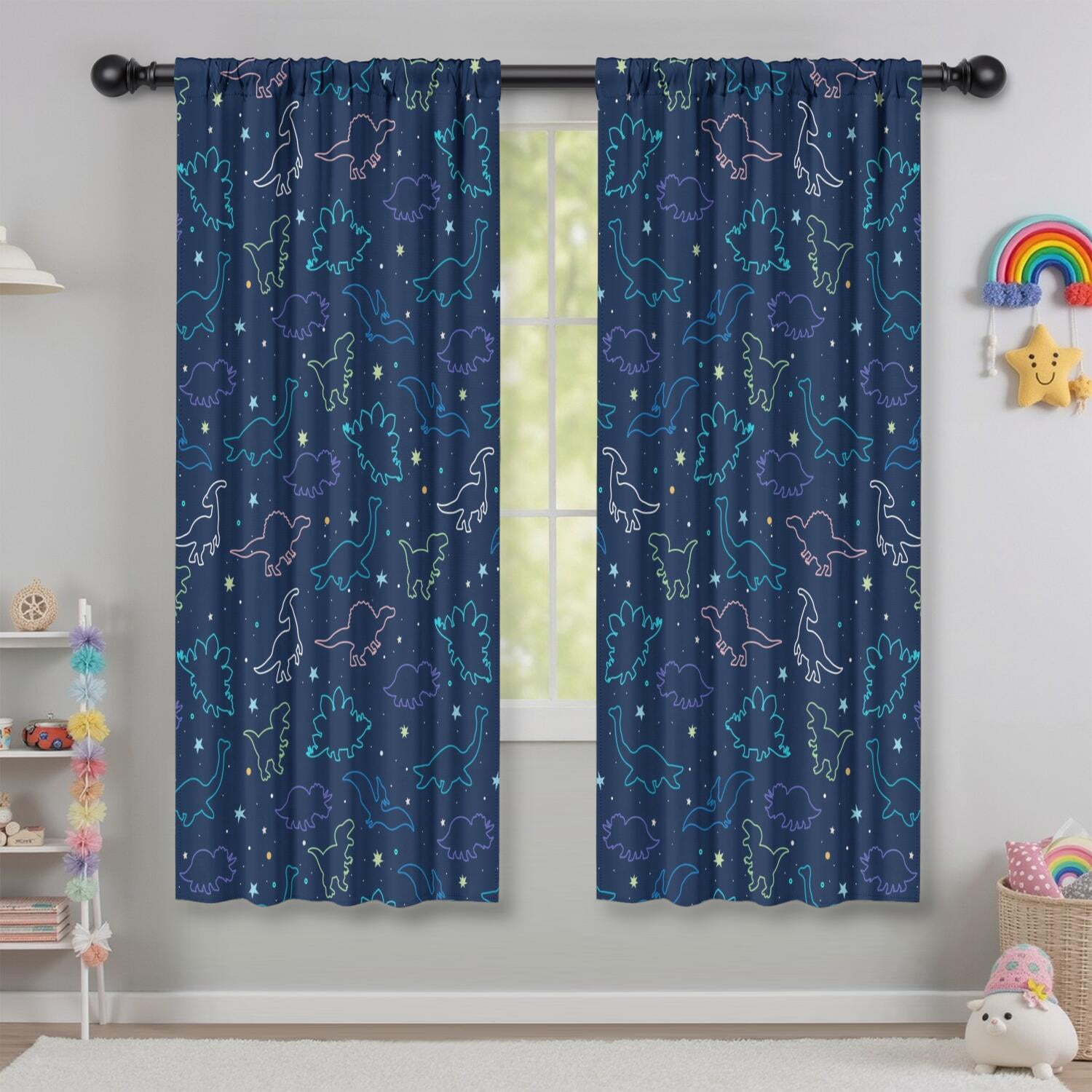 Funny Window Curtains for Kids Room - 42Wx63H Inch 2 Panels, Rod Pocket Colorful Cartoon Dinosaur Patterns for Boys Bedroom Decor Preschool Classroom Curtains Playroom Living Room Window Drapes