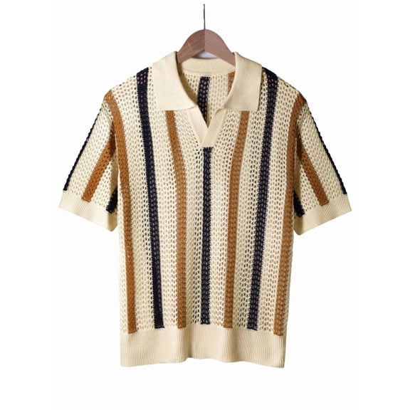 Men's Vertical Stripe Knit Polo, Short Sleeve Open Collar Shirt with Textured Ribbed Finish