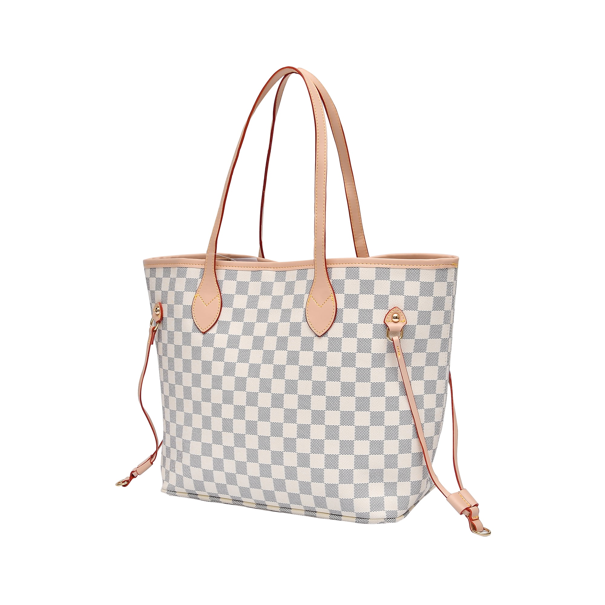 RICHPORTS Checkered Tote Shoulder Bag with inner pouch - PU Vegan Leather  （white） 