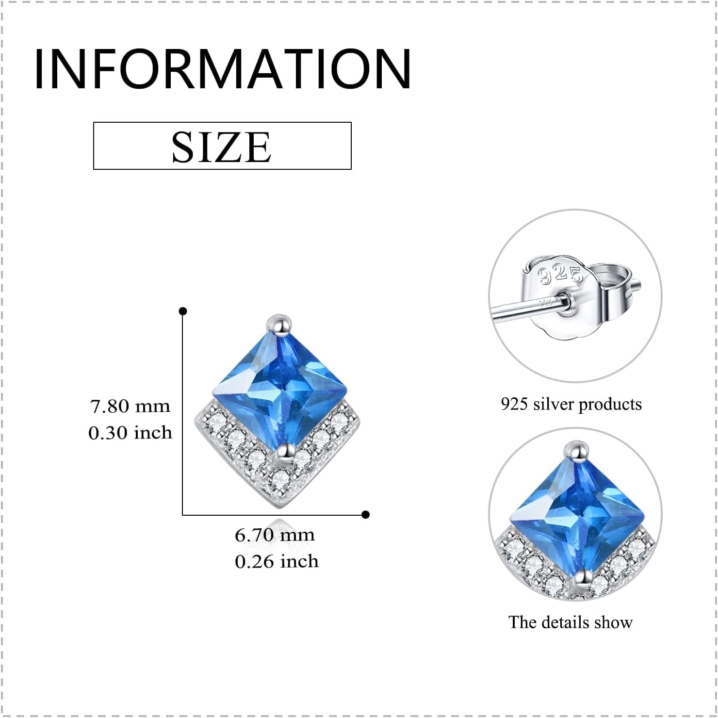 Birthstone Stud Earrings Sterling Silver Square Created Blue Topaz Crystal December Earrings Cubic Zirconia Piercing Jewelry Small Gifts for Women Mothers