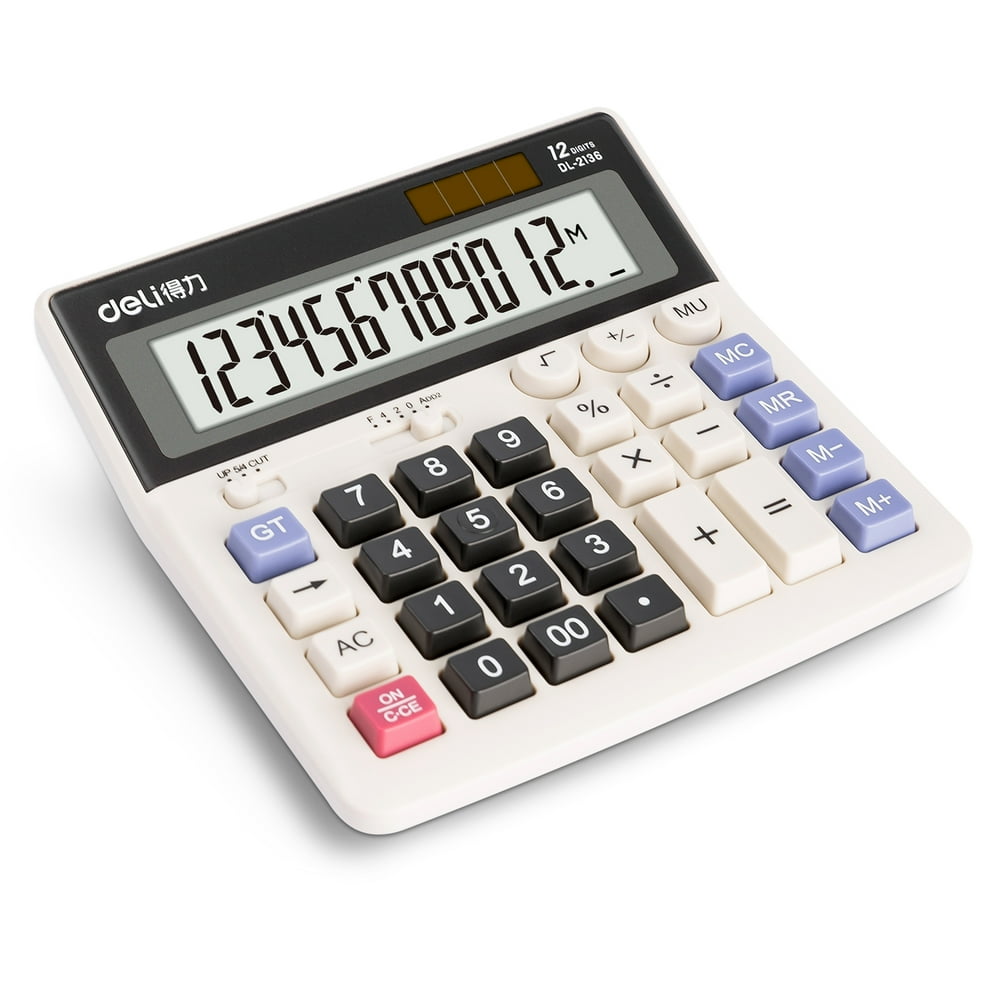 Deli 12Digit Desktop Calculator, Dual Power, Extra Large LCD Display, White