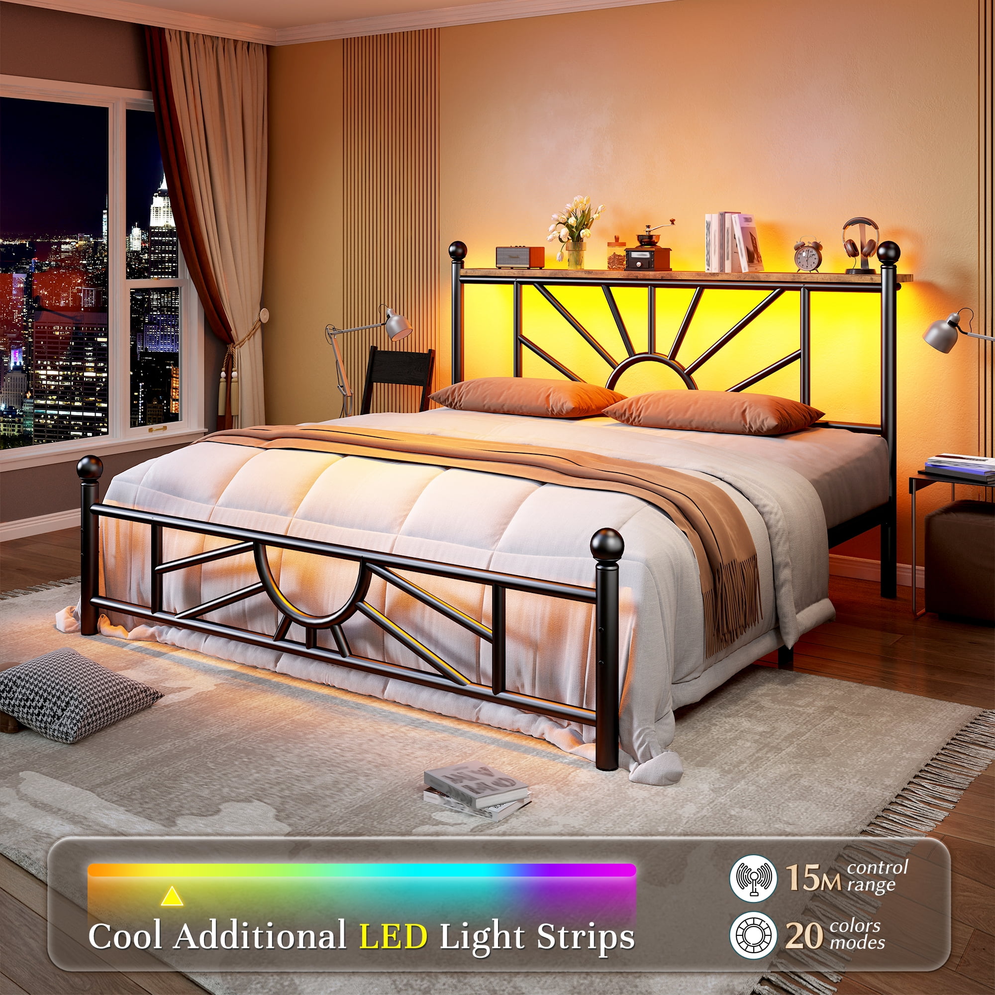 EnHomee Full Size Metal Bed Frame with Vintage Headboard & Footboard Metal Platform Bed Frame Full with LED Lights & Storage, Noise Free, Black