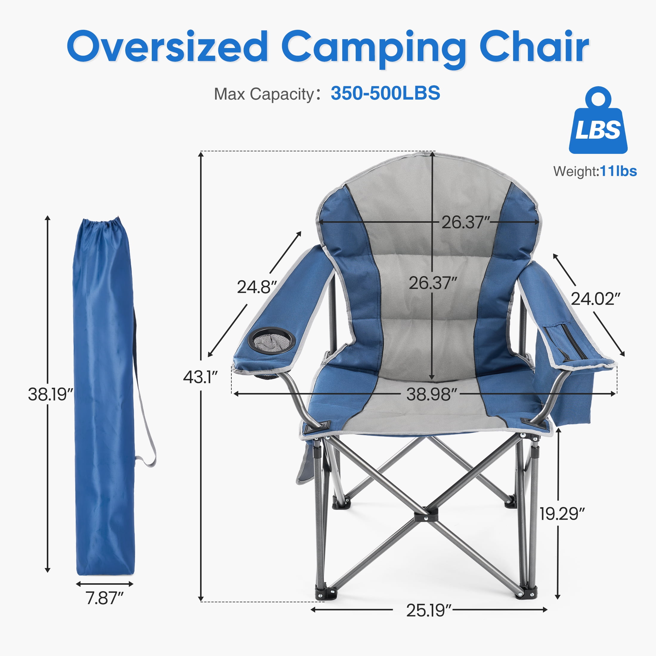 EDX Oversized Camping Folding Chair, Heavy Duty Padded Chair with Cup Holder Storage and Cooler Bag, 500 lbs Steel Frame, Portable for Outdoor,Blue Gray