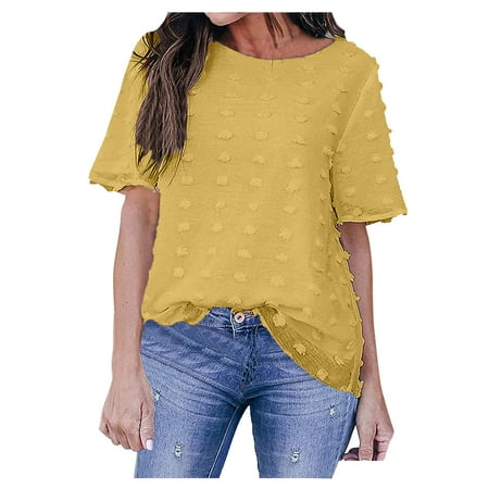 

JDEFEG Womens Stretch Button Shirts Womens Round Neck Shirt Tops Chiffon Blouse Solid Color Sleeve Dot Short Women s Blouse Women s Cotton Pajama Pants Polyester Yellow M