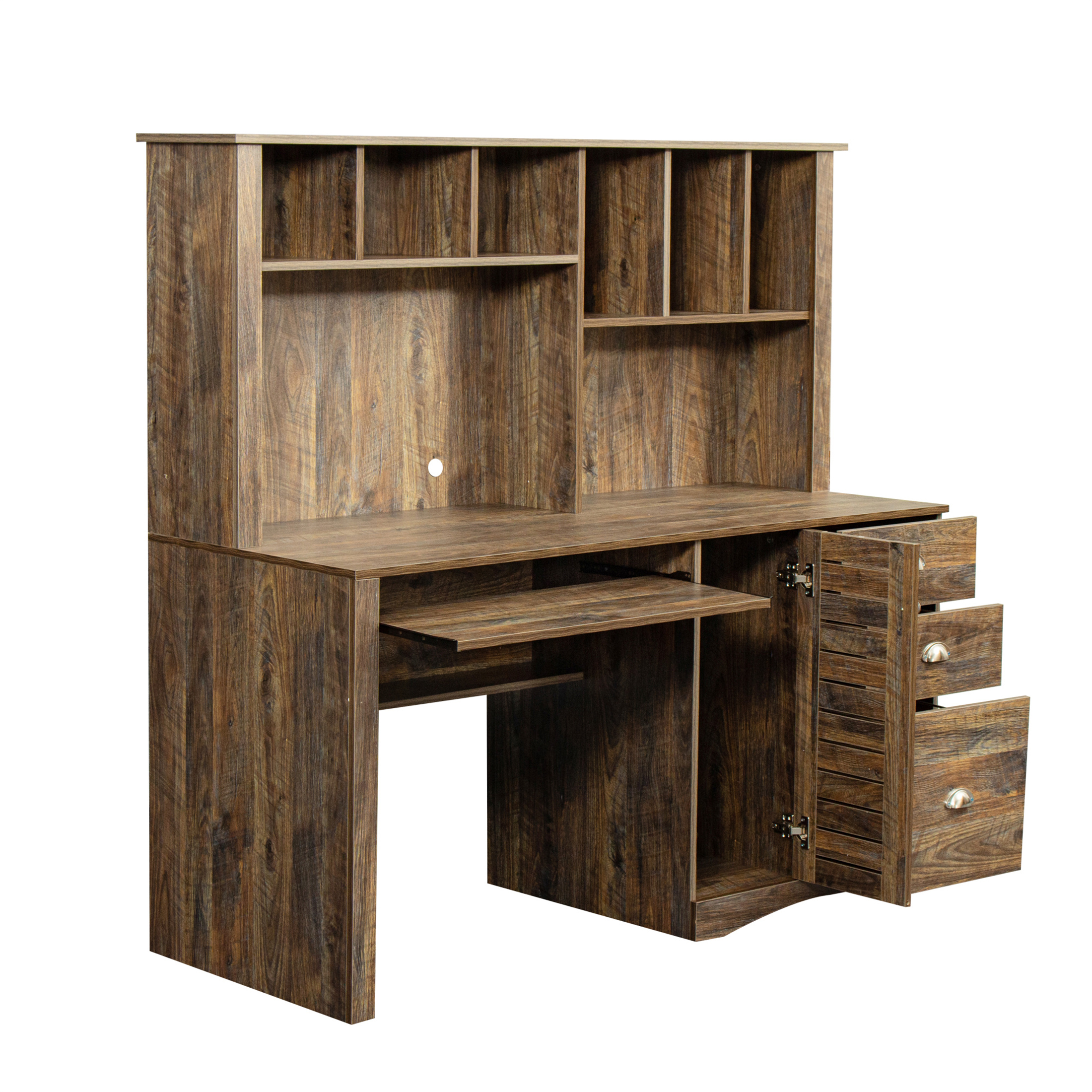 Aukfa 59" Computer Desk with Hutch for Home Office, 3 Drawers, Keyboard Tray, Brown