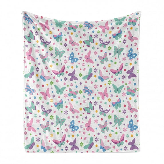 Baby Shower Soft Flannel Fleece Throw Blanket, Butterflies Hearts and Dots Nursery Themed Composition Colorful Illustration, Cozy Plush for Indoor and Outdoor Use, 50" x 70", Multicolor, by Ambesonne