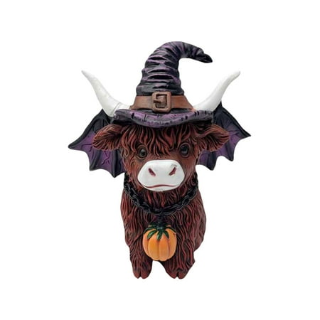 Highland Cow Halloween Ornament – Festive Resin Figurine with Spiders & Pumpkins Unique Gift for Cow Lovers Desk & Party Decor for Halloween Season
