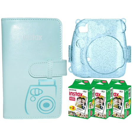 Three Essentials Kit! Fuji Pocket Wallet Album – Ice Blue + Trendy Ice Blue Glitter Hard Case for Fuji Mini-series + Fuji Instax Film Twin Pack High Quality – 3