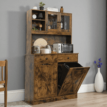 TLSUNNY Dual Tilt-Out Trash Cabinet, Pet Proof Trash Cabinet, w/ Barn Door & Drawers for Living Room, Kitchen
