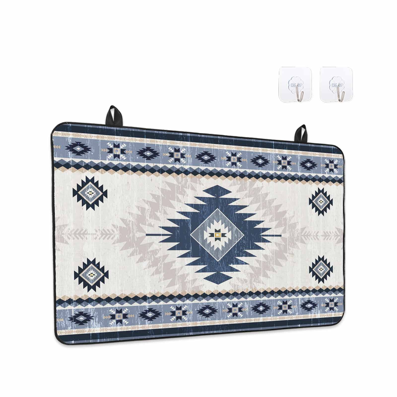 Blue Beige Boho Stove Top Cover for Electric Stove, Heat-proof & Non Slip Glass Top Stove Cover Protector, Vintage Ethnic Tribal Southwestern Kitchen Flat Cooktop Rubber Mat 28.5x20.5 Inches
