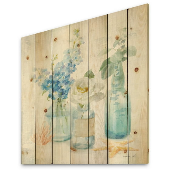 Designart 'Cottage Flowers In Glass Bottles' Farmhouse Print on Natural Pine Wood