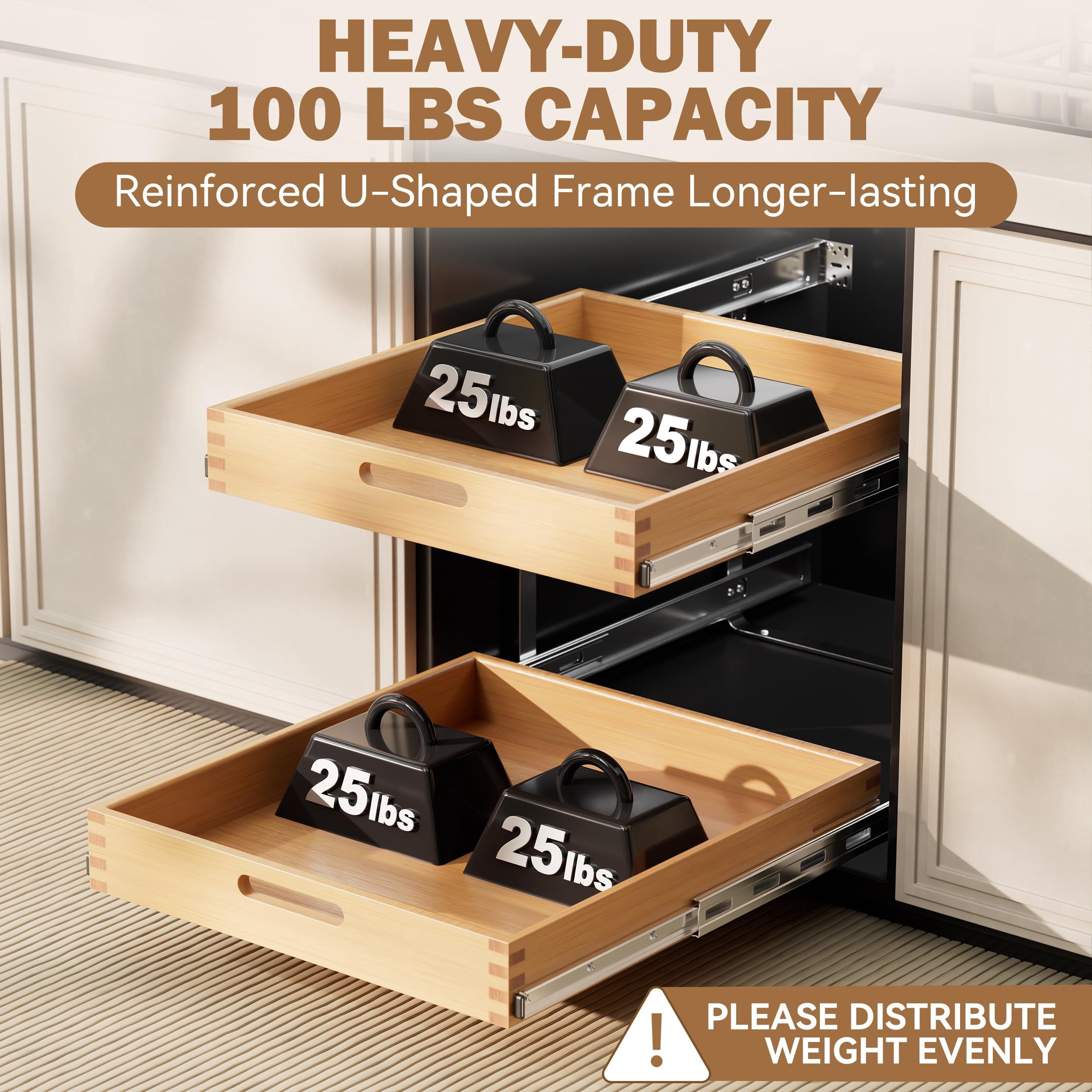 STORKING 2 Tier Pull Out Drawers for Cabinets 15" W x 21" D, Heavy-Duty Slide Out Wood Drawer Shelf, Base Organization for Kitchen, Pantry
