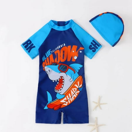 

Esho Toddler Boys Girls One-Piece Rashguard Swimsuits Bathing Suit Kids Cartoon Print Short Swimwear + Swim Hat Set 1-7T