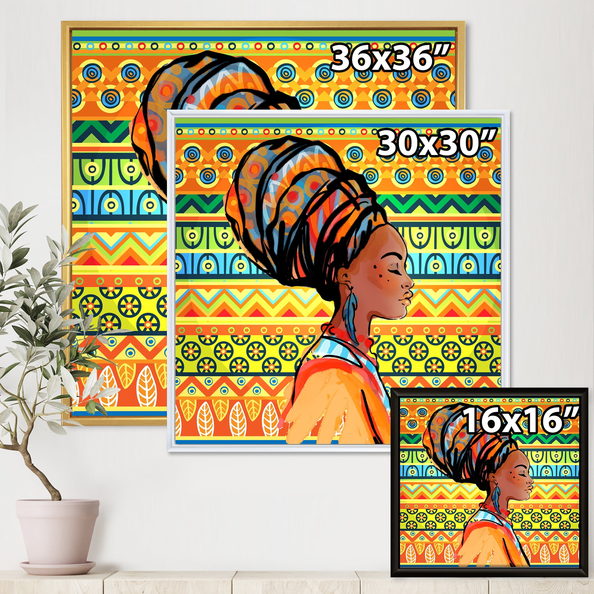Designart 'African American Woman Portrait with Turban III' Modern Framed Canvas Wall Art Print