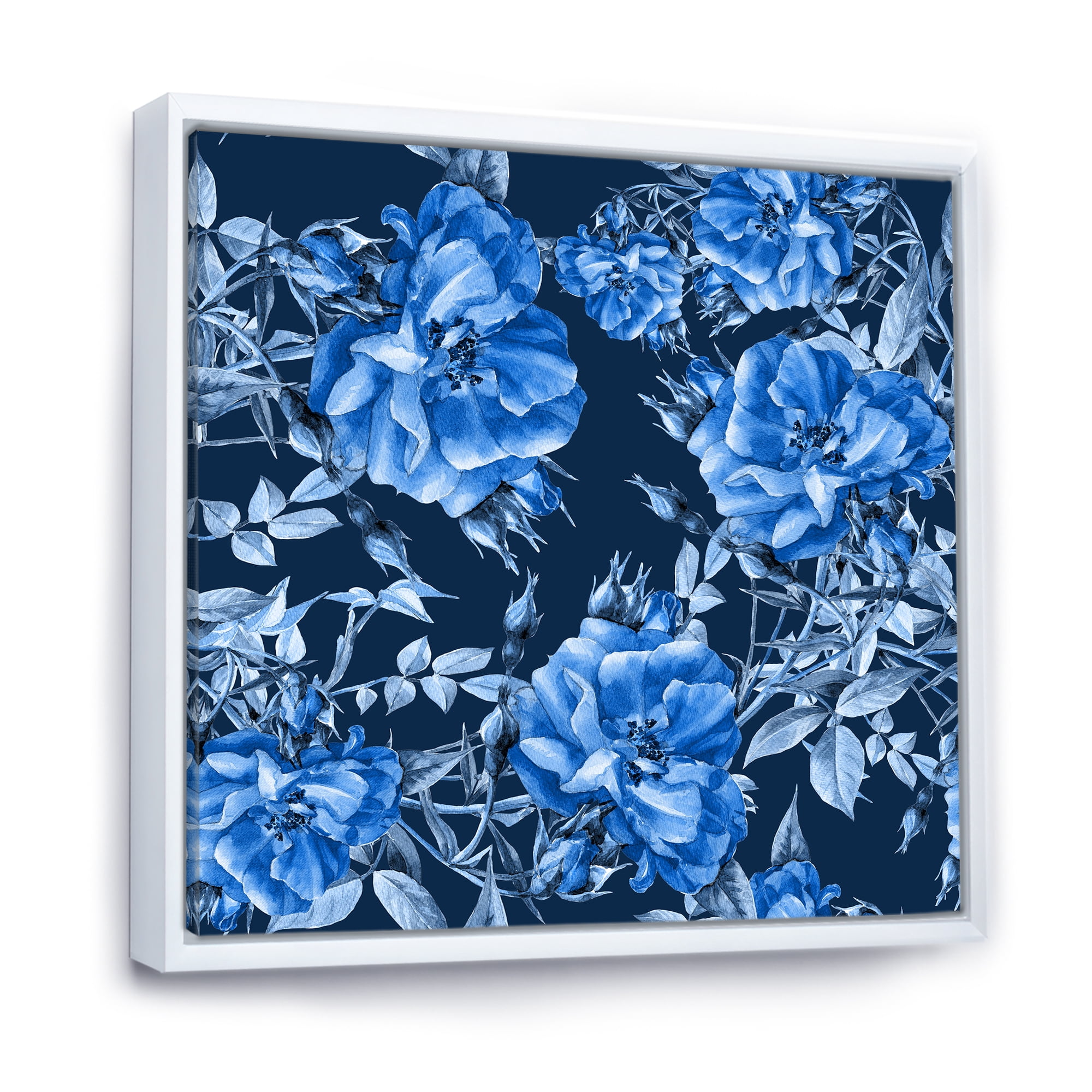 Abstract Blue Wildflowers 36 in x 36 in Framed Painting Canvas Art Print, by Designart
