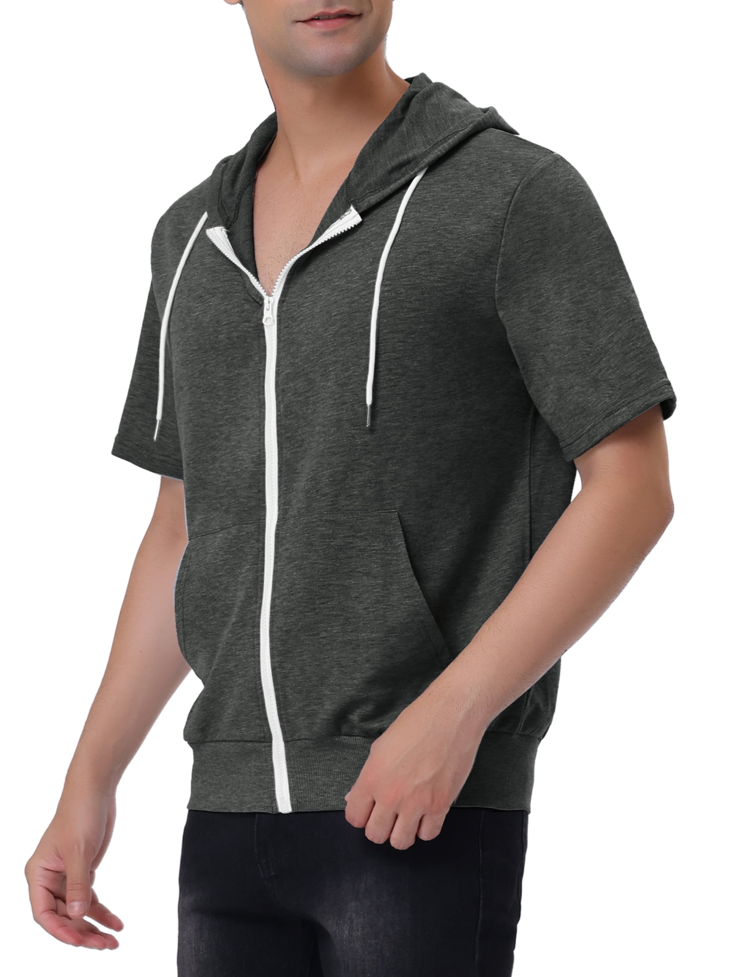 Unique Bargains Men's Short Sleeve Solid Color Zip Up Sport Hoodies L Dark Gray