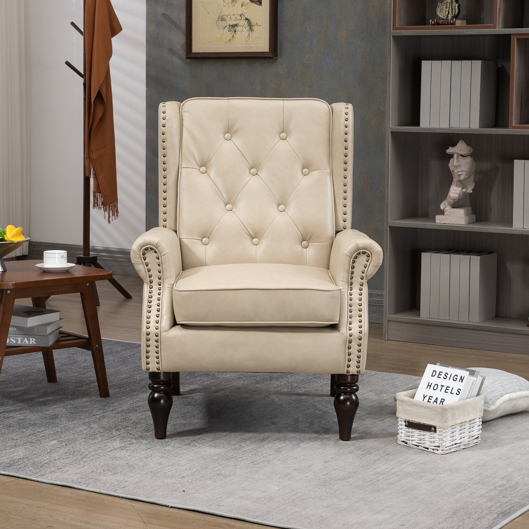 Miniyam PU Leather Armchair with Wood Frame, Modern Accent Chair Lounge Chair with Sturdy Wood Legs, for Living Room Bedroom,Camel
