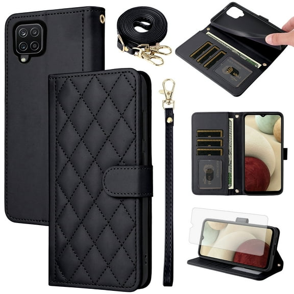 Furiet Argyle Wallet Case for Samsung Galaxy A12/M12 with Tempered Glass Screen Protector Wrist Strap Shoulder Strap, Card Slots Folio Purse Stand Phone Cover for A 12 5G A-12 S12 12A 4G Women Black