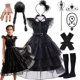 thumbnail image 2 of Disfraz de Cosplay de Adas del miércoles para niñas, vestido gótico negro, elegante vestido de gasa para fiesta de graduación, trajes para niñas, fiesta de carnaval de Halloween para niñas, 2 of 5