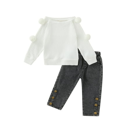 

Canrulo Toddler Baby Girls 2Pcs Outfits Off Shoulder Hairball T-Shirt Tops Denim Ripped Long Pants Jeans Clothes White 4-5 Years