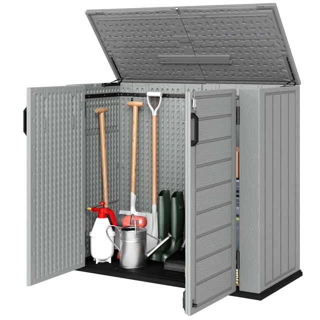 Armoire de Rangement Extérieure de 248 Gal, Remise de Jardin en HDPE Robuste avec Couvercle Rabattable et Doubles Portes Verrouillables, Grande Boîte à Outils pour Patio, Cour Arrière Ou Terrasse, 55.9 Pouces L x 26.4 Pouces P x 46.9 Pouces H, Gris Pâle