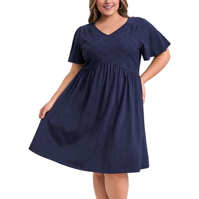 GRACE & GRANDEUR Vestido de Talla Grande para Mujeres con Bordado Frontal, Costura Alta, Pliegues, Cuello en V, Mangas con Volantes, Vestido Midi A Line 3X Azul Marino