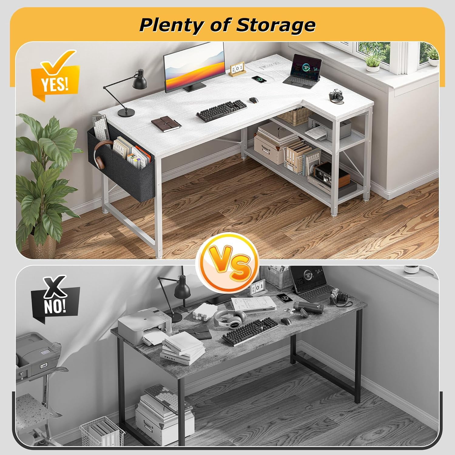 48 Inch L Shaped Computer Desk with Storage Shelves & Side Bag, Office Desk with Power Outlets, Small Corner Desk for Gaming Working Small Space Home Office Bedroom, Study Writing Table, White
