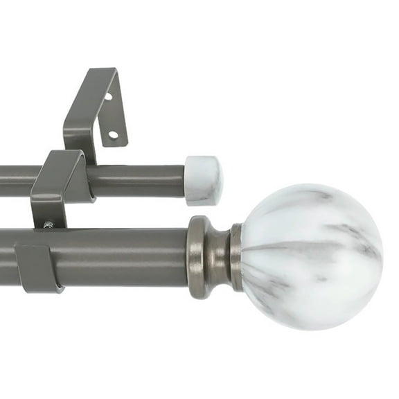 MERIVILLE 1-Inch Diameter Double Window Treatment Curtain Rod, White Marble Ball Finial, 48-inch to 84-inch Adjustable, Gunmetal