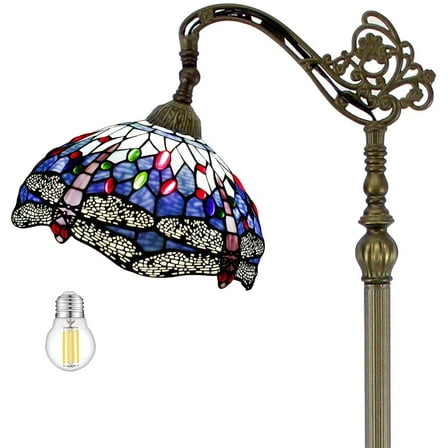 WERFACTORY 64" Baroque Antique Bronze Floor Lamp with Stained Glass Multicolor Dragonfly Bowl