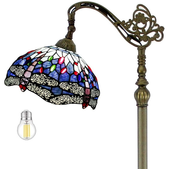 WERFACTORY 64" Baroque Antique Bronze Floor Lamp with Stained Glass Multicolor Dragonfly Bowl