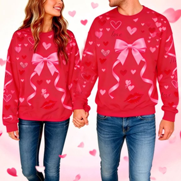 Mifsaly Couples Matching Sweatshirts Mens Womens Cotton Valentine Sweatshirt Bow Heart Print Long Sleeve Shirts Girlfriend Gifts Loose Blouse Spring Unisex Everyday Outfits 2026