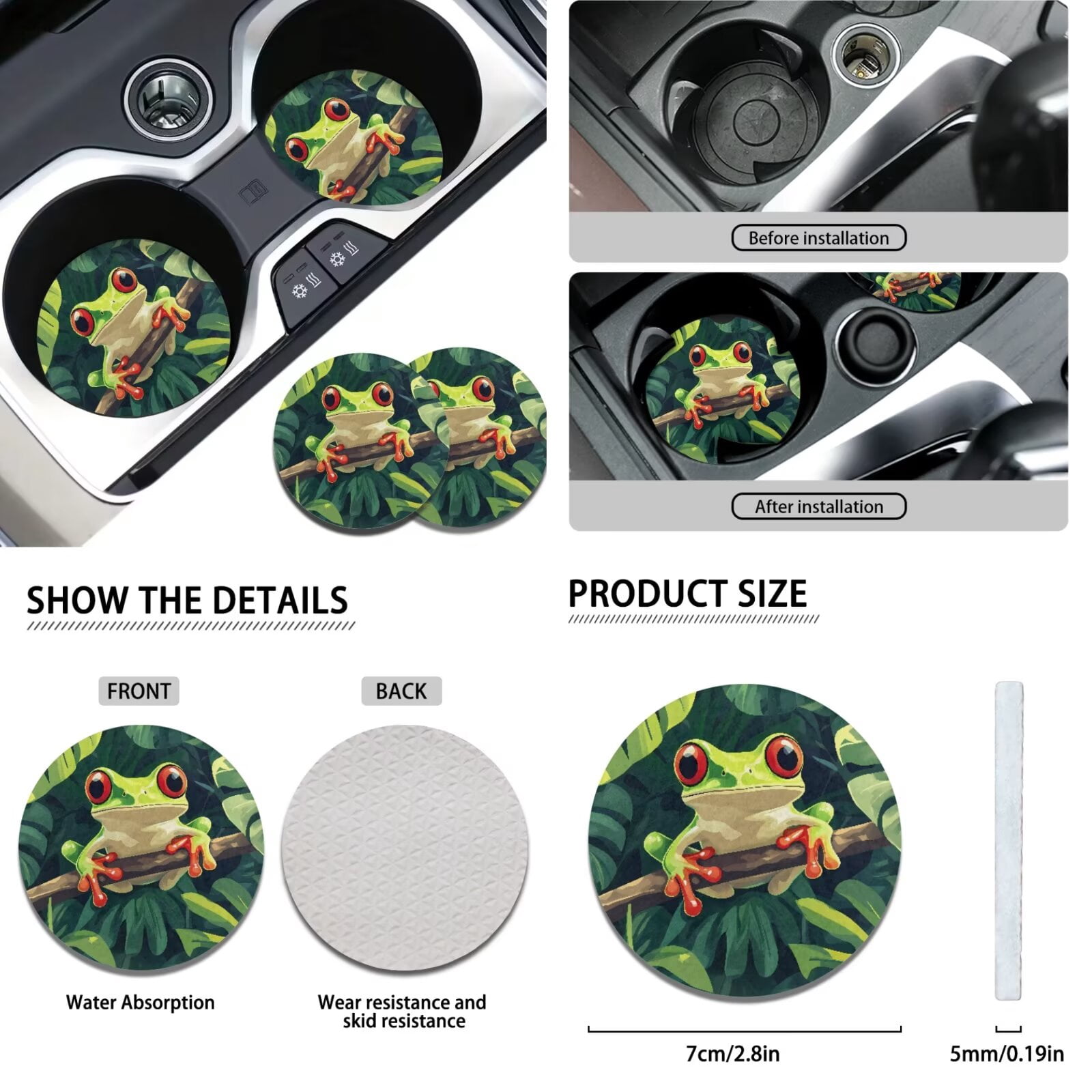 Jeiento Funny Tree Frog 11 Pieces Car Seat Cover Full Set, with Automotive Headrest Covers Coasters Gear Shift Knob Cover Handbrake Cover Keychain Universal Fit for SUV Truck Van Sedan