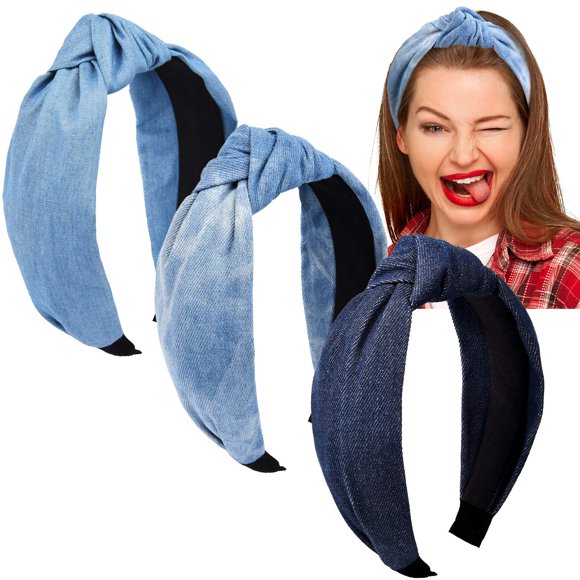 Giegxin 3 Piezas Diadema de Mezclilla Jean Diadema con Nudo para Mujer Diadema elástica Anudada Azul Diademas Accesorios para el Cabello Gorros para Mujer 3 Colores