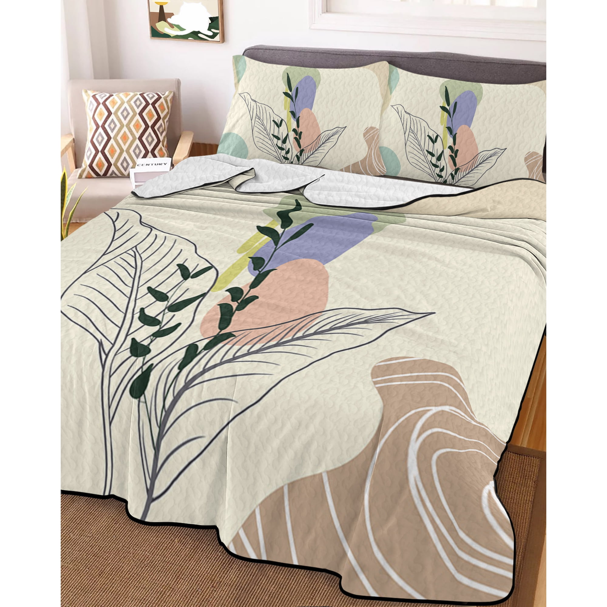 Full Quilt Bedding Set Mid Century Boho Leaves Abstract Geometric Summer Quilt Lightweight Quilted Coverlet with 2 Pillow Shams Morandi Color Block 3-Piece Bedspread Quilt Set for All Season