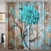 BSHAPPLUS® 16Pcs Teal Dahlia Shower Curtain Set with Non Slip TPR Bath Mats,Waterproof Wood Plank Shower Curtain with 12 Hook,Vintage Farmhouse Floral Bathroom Decor for Home Apartment Coastal Airbnb