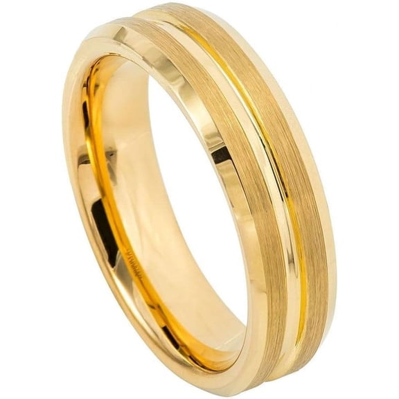 Ring for Men and Women Gifts With Thought Ring Yellow Gold IP Plated Grooved Center Brushed Beveled Edge – 6mm Wedding Band Ring Ideal Rings for Couples