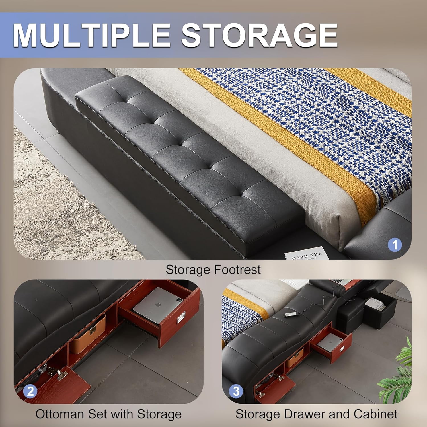 Smart King Bed Frame, Multifunction Upholstered Storage Bed with Right-Side Massage Recliner, Bluetooth Speaker, USB Charging Port, Leather Adjustable Headboard