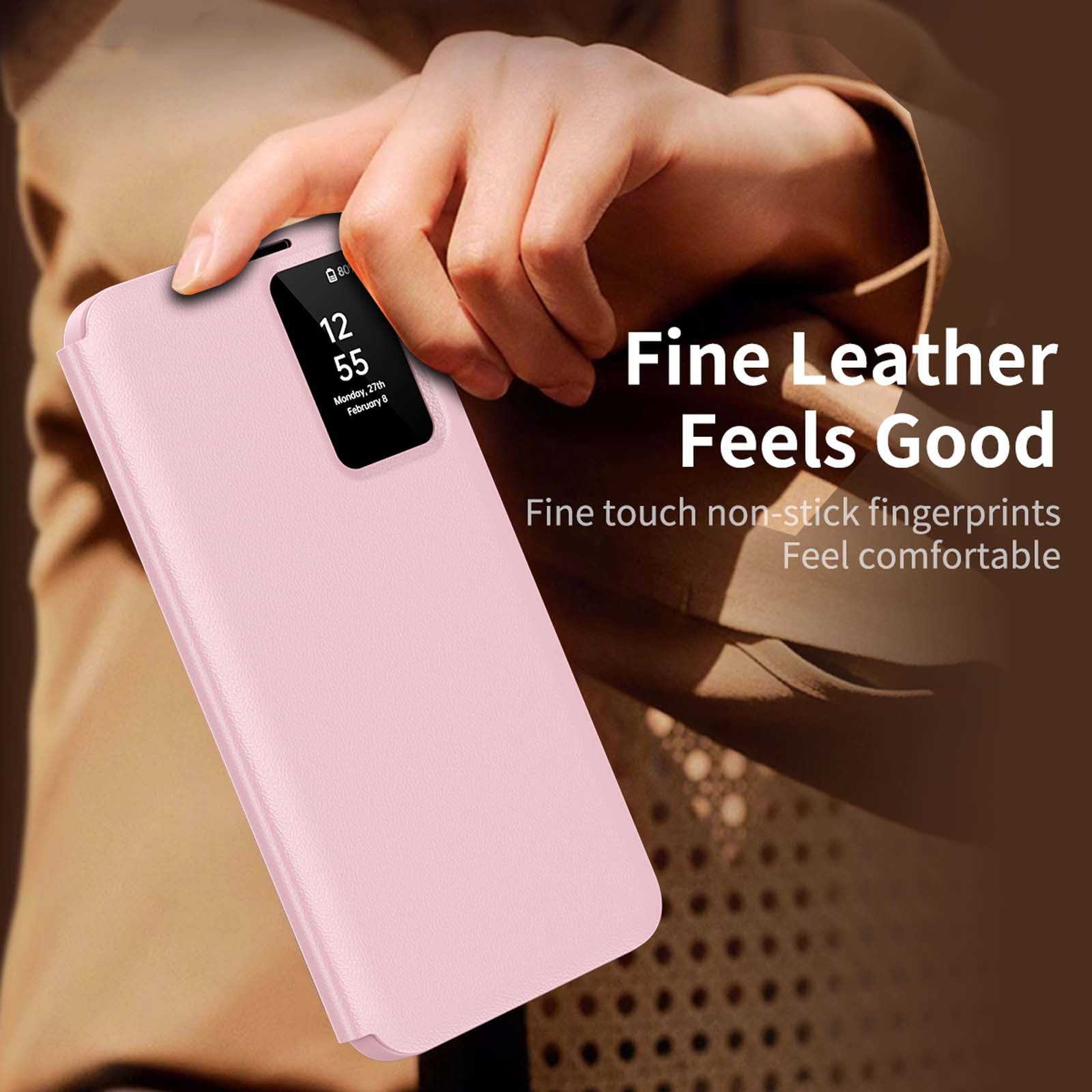 For Samsung Galaxy S25+ Case PU Leather Flip Case,With Intelligent Window,With Card Holder,Anti-fall Rugged Shockproof Protective Phone Case Cover for Samsung Galaxy S25+,Pink